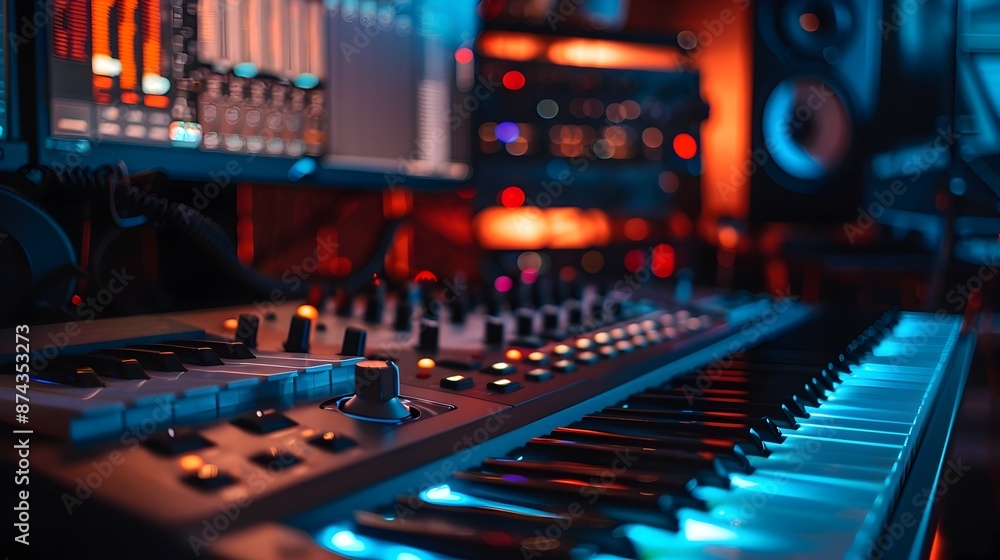 Poster digital music production software interface with mixing controls and creative tools