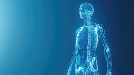 A blue and white image of a skeleton with a blue background. The skeleton is in a very detailed and realistic way, with its bones clearly visible. Concept of scientific accuracy and precision