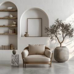 Minimalist Modern Interior with Armchair, Shelves, and Decor, 3D Rendering, Front View