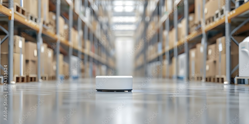 Poster robot that automates inventory management and delivery in storage warehouse. concept warehouse autom