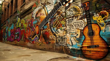 Obraz premium Vibrant Music-Inspired Graffiti Art Adorning Urban Alley Wall