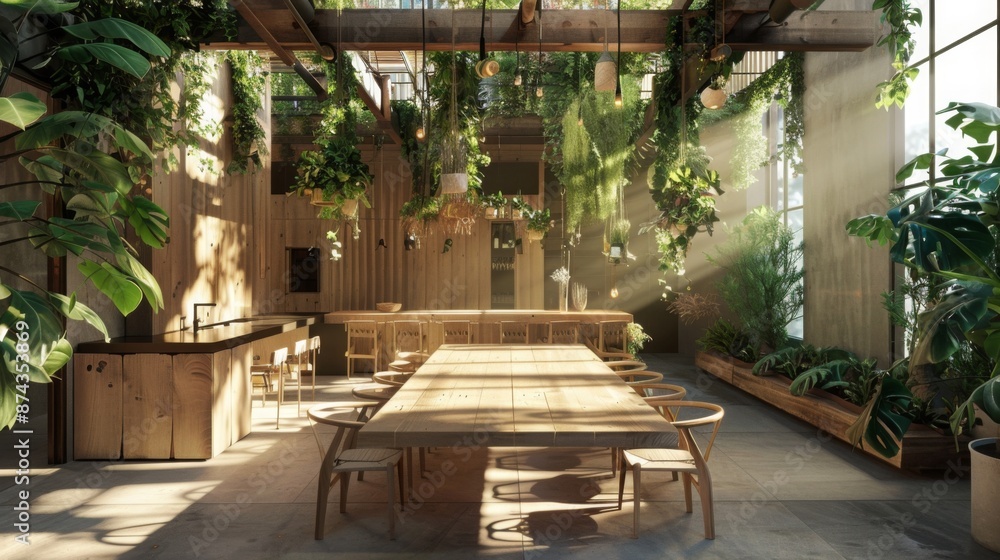 Poster A large dining table with chairs is set in a modern room with floor-to-ceiling windows, filled with lush greenery and sunlight streaming through.