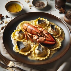 Lobster ravioli with truffle butter sauce.