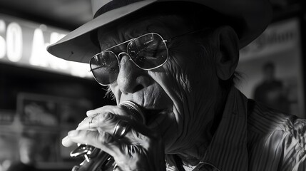 Harmonica Player Performing in Smoky Blues Bar with Moody Atmosphere