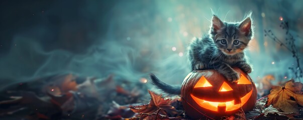 Kitten on halloween pumpkin on misty night background. Halloween celebration concept. Glowing Jack-o'-lantern. Mysterious and spooky atmosphere. Banner, header, advertisement with copy space