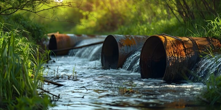 Industrial pollution large metal pipes discharging waste water into rivers. Concept Pollution, Industrial Impact, Water Contamination, Environmental Concerns, Industrial Practices