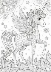 Unicorn with wings and flowers. Coloring book page for adults. Black and white illustration.