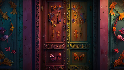 Illustration of a door that serves as a mystical portal to another realm, filled with enchanting creatures and vibrant colors