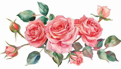 Fototapeta premium Watercolor Clipart Of A Beautiful Bouquet Of Pink Roses. Delicate And Detailed Illustration Perfect For Various Design Projects. Ideal For Greeting Cards And Invitations.