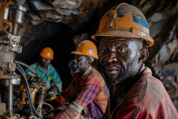 Fototapeta premium Portrait of an African miner in a platinum mine, with his colleagues working in the background