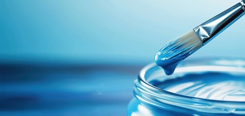 A blue paint brush is dipped into a jar of blue paint