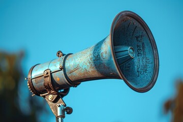 Fototapeta premium A close-up of a blue vintage megaphone mounted on a stand against a clear blue sky