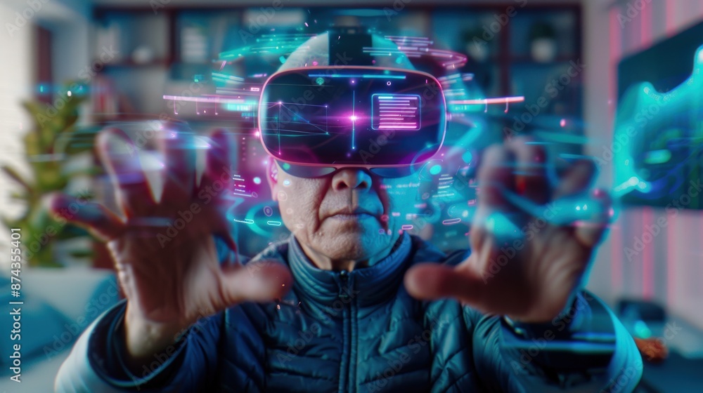 Poster a man is playing a video game with a virtual reality headset. the game is colorful and the man is fu