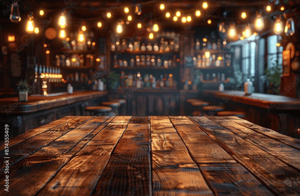 Poster wooden table with blurred bar background for product display in pubs and cafes
