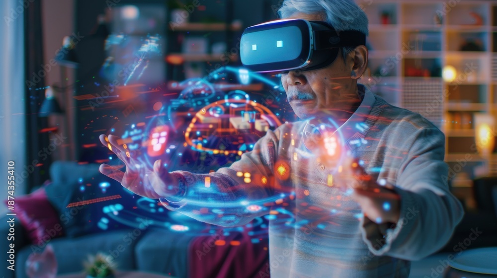 Aufkleber a man is playing a video game with a virtual reality headset. the game is colorful and the man is fu