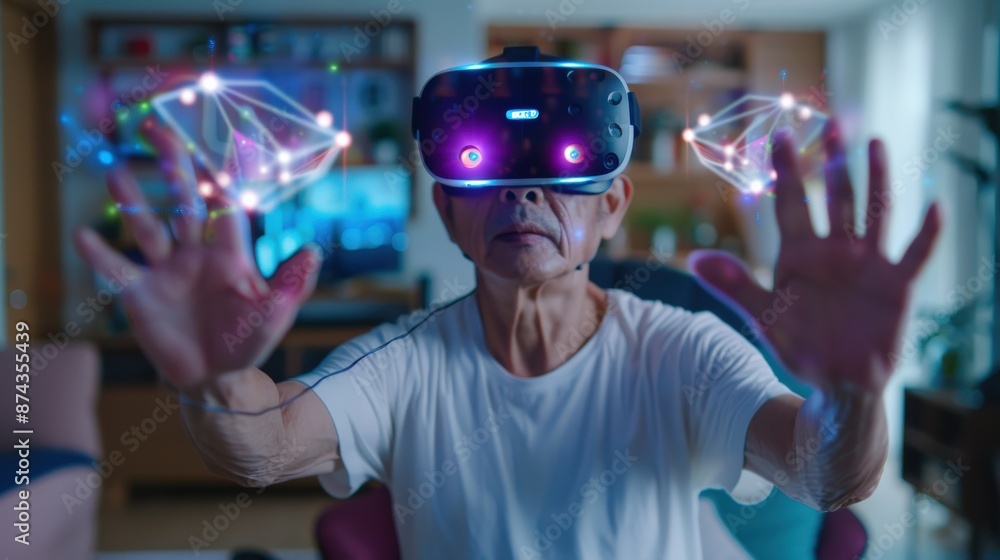 Poster a man in a white shirt is playing a video game with a virtual reality headset. the game is colorful 