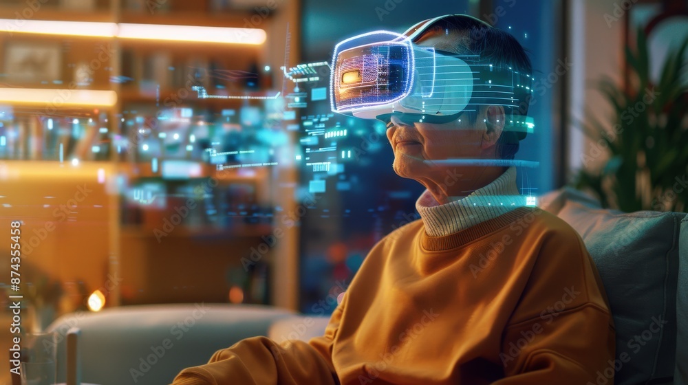 Poster a man is playing a video game with a virtual reality headset. the game is colorful and the man is fu