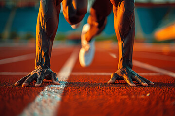 Close-up of a Black male athlete's hands on starting blocks at sunset preparing for a race competition on track showing muscles ready to sprint for victory and success during training or Olympic game