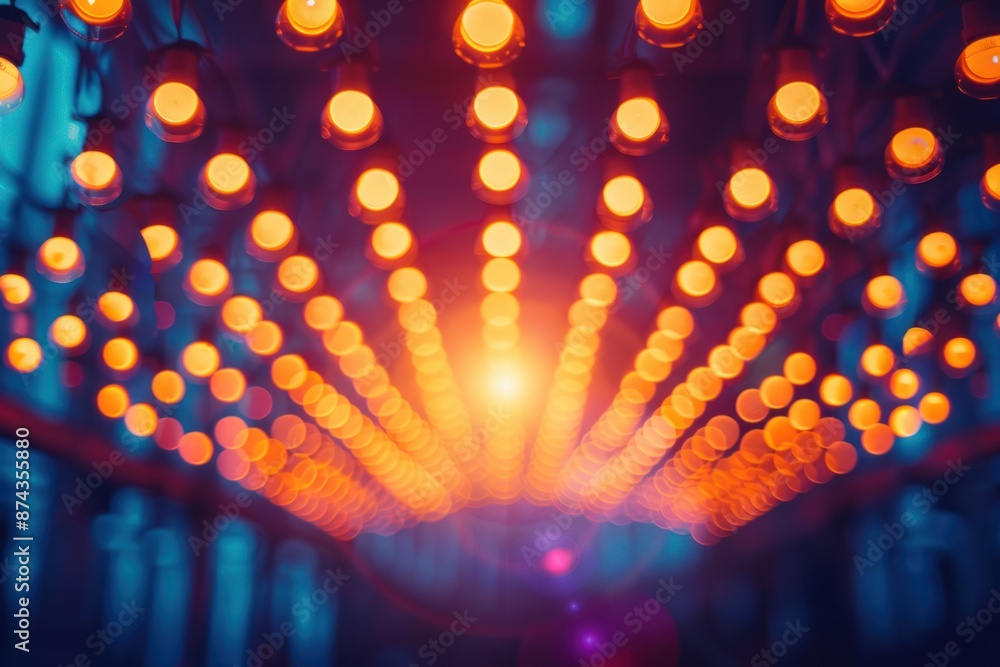 Poster rows of glowing orange lights create an abstract pattern against a dark background