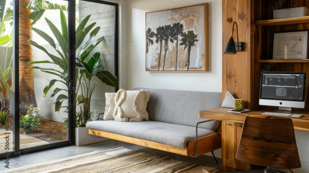 Aufkleber A home office with a contemporary design features a comfortable couch, a desk with a computer, and a view of a patio with lush greenery.