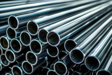 Stack of stainless steel pipes background , metallurgical industry backdrop concept image