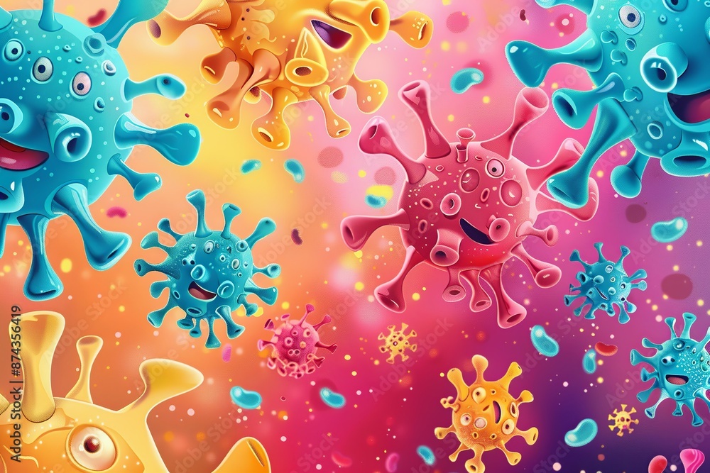 Poster dive into a whimsical virus fiesta where microscopic intruders take center stage in a lighthearted a