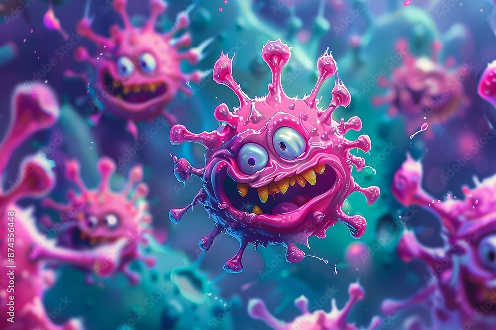 Poster dive into a whimsical virus fiesta where microscopic intruders take center stage in a lighthearted a