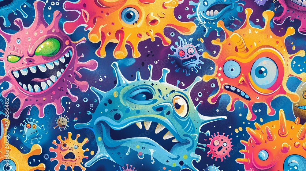 Poster dive into a whimsical virus fiesta where microscopic intruders take center stage in a lighthearted a
