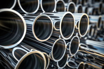 Obraz premium Stack of stainless steel pipes background , metallurgical industry backdrop concept image