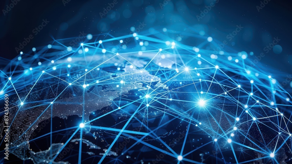 Poster connecting the world: digital globe and network lines for global communication concept