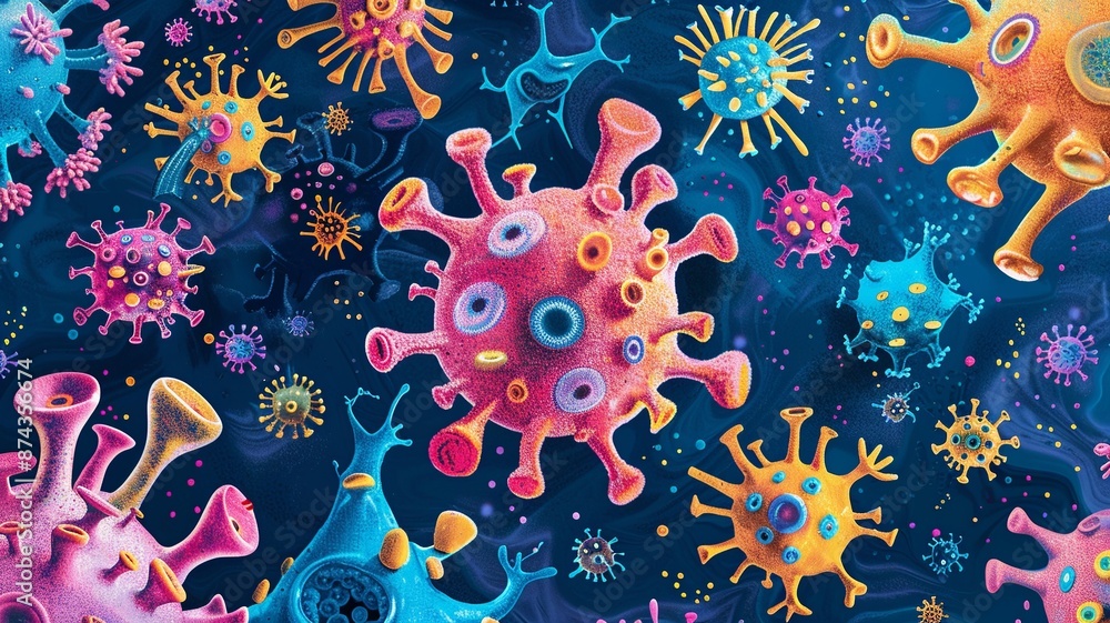 Poster dive into a whimsical virus fiesta where microscopic intruders take center stage in a lighthearted a