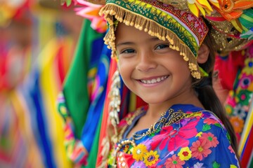 Fototapeta premium A young girl smiles at the camera while wearing a traditional brightly colored costume and headband