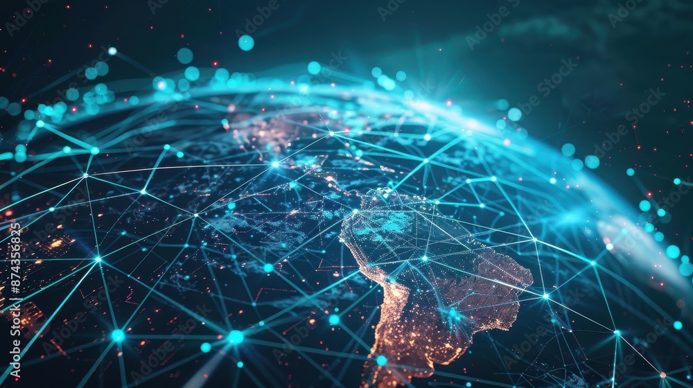 Poster connected world: digital globe and network lines for global communication concept