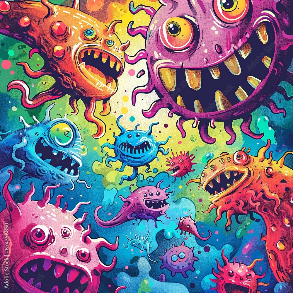 Poster dive into a whimsical virus fiesta where microscopic intruders take center stage in a lighthearted a