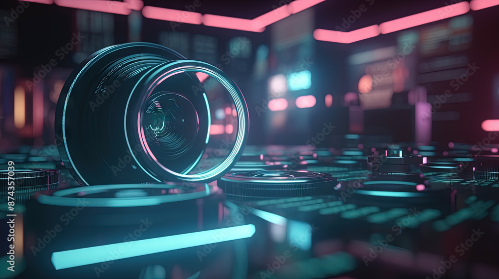 Poster Technology abstract background with hud styled round interface elements in neon tech light.