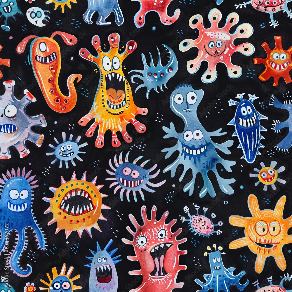 Poster dive into a whimsical virus fiesta where microscopic intruders take center stage in a lighthearted a