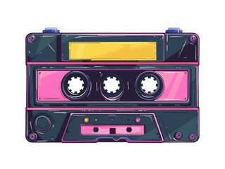Naklejka premium Vintage cassette tape with pink and yellow details, isolated on white background.