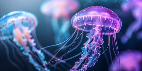 Obraz premium Explore vibrant jellyfish in a glowing sea with elegant flowing tentacles. Concept Underwater Photography, Vibrant Jellyfish, Glowing Sea, Flowing Tentacles, Ocean Exploration,