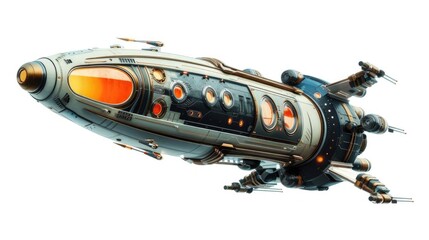Futuristic spaceship design with sleek lines and glowing windows.