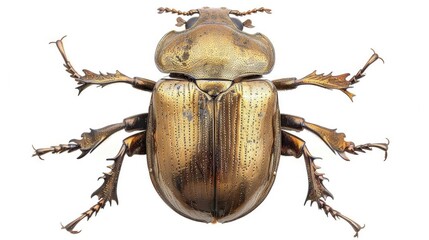 Close-up of a brown beetle with spiky legs, isolated on white background.