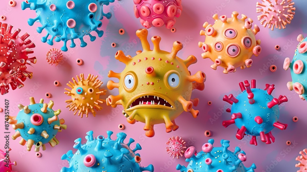 Poster dive into a whimsical virus fiesta where microscopic intruders take center stage in a lighthearted a