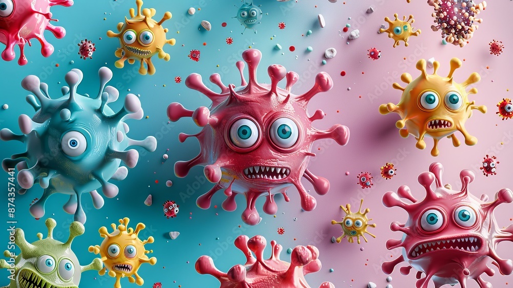 Poster dive into a whimsical virus fiesta where microscopic intruders take center stage in a lighthearted a