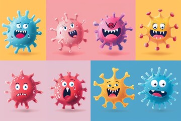 Fototapeta premium Dive into a whimsical virus fiesta where microscopic intruders take center stage in a lighthearted and comical background filled with playful and colorful designs