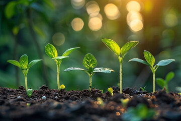 A beautiful macro closeup image of small green natural growing plant sprout bud with water drops on its leaves