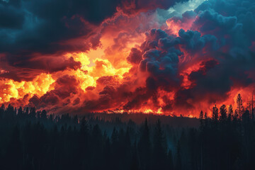 Fototapeta premium Against the backdrop of a fiery sunset, billowing clouds of smoke rise ominously into the darkening sky