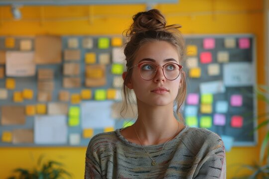 A woman with glasses is standing in front of a wall filled with post-it notes. She is looking up and appears to be thinking