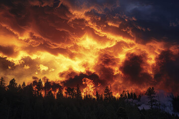 Against the backdrop of a fiery sunset, billowing clouds of smoke rise ominously into the darkening sky