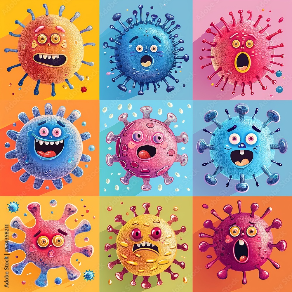Poster dive into a whimsical virus fiesta where microscopic intruders take center stage in a lighthearted a