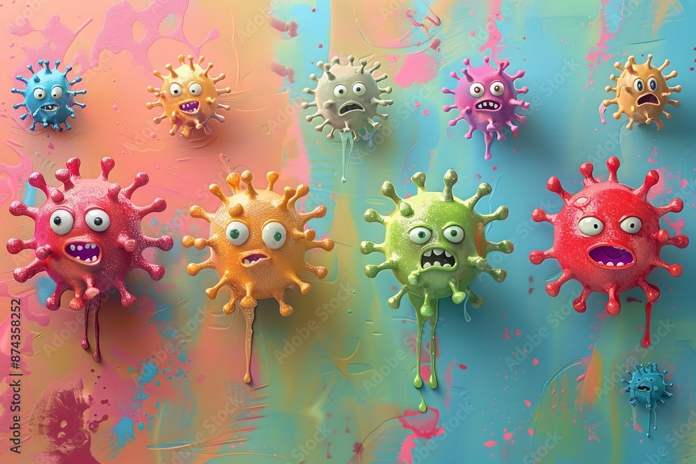 Poster dive into a whimsical virus fiesta where microscopic intruders take center stage in a lighthearted a