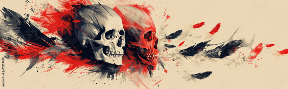 Wall mural abstract depiction of feathers and skulls in a balanced, minimalist design, using a limited color pa
